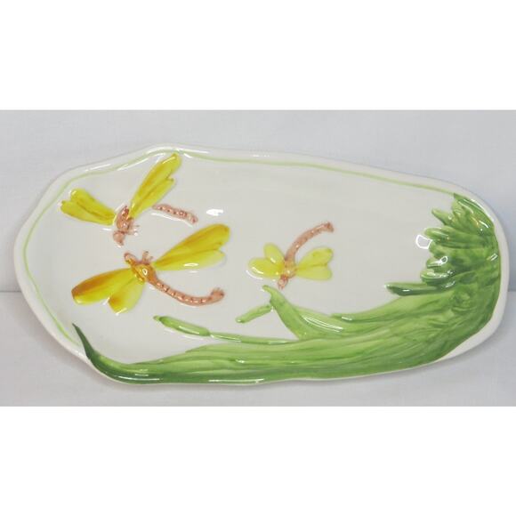 Vintage Carraro Made in Italy Celery Trinket Dish Dragonfly Oblong Yellow Green - Picture 1 of 12